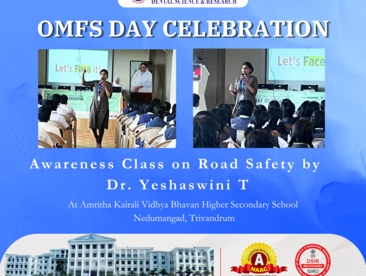 Dr. Yeshaswini T, Professor, Department of Oral and Maxillofacial Surgery, led an enlightening awareness class on road safety for the students of Amritha Kairali Vidhya Bhavan Higher Secondary School in Nedumangad, Trivandrum